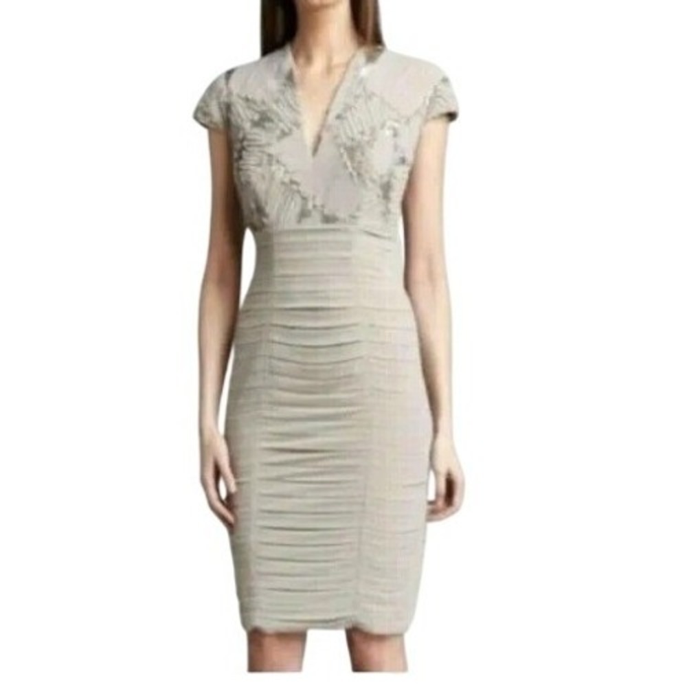 Tadashi Shoji Pleated Layered Chiffon Sequin Cap Sleeve‎ Dress Size 4 Beige